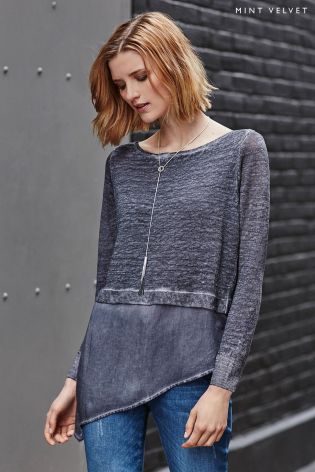 Mint Velvet Grey Overdye Asymmetric Shirt Tail Knit